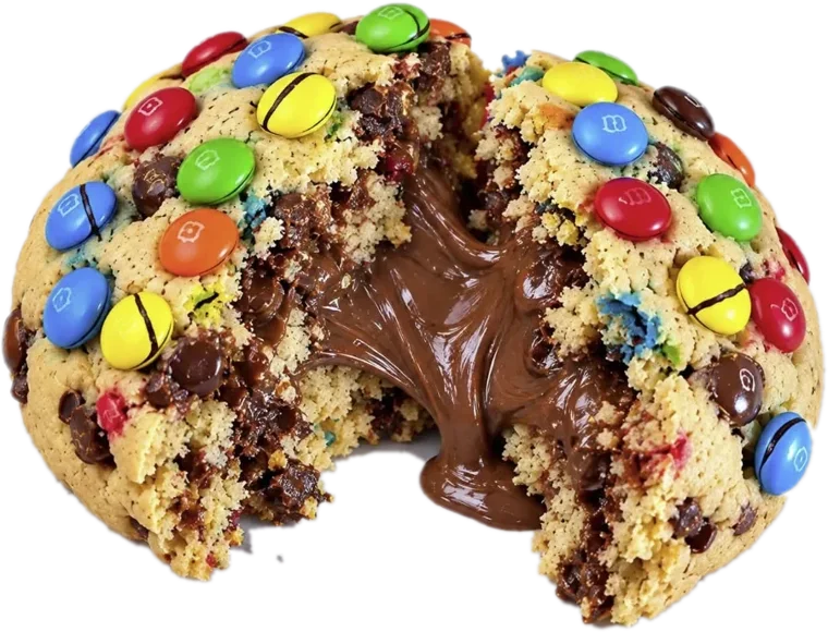 A Nutella M&M cookie pulled apart